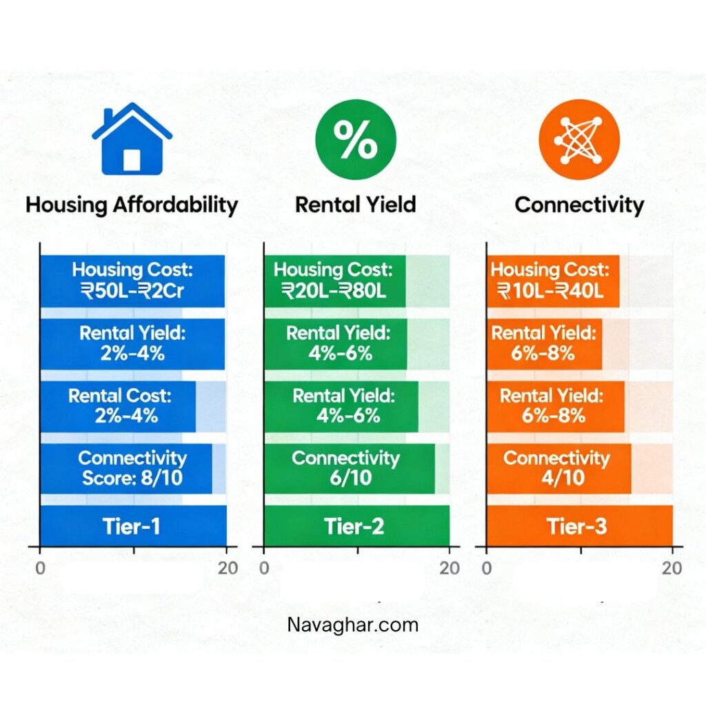 Comparison chart showing housing affordability, rental yield, and connectivity scores across Tier-1, Tier-2, and Tier-3 cities in India, highlighting better returns and affordability in smaller cities.
