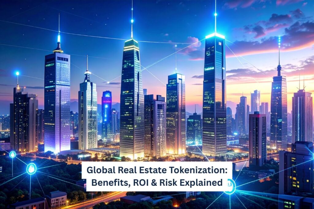 Illustration of real estate tokenization showing digital tokens over a city skyline representing fractional property investment and blockchain technology.