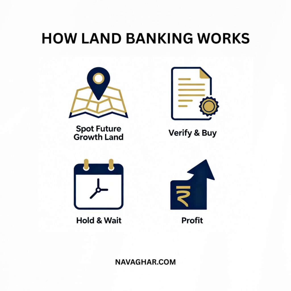 Infographic showing four steps of land banking: identify, verify, hold, and profit.
