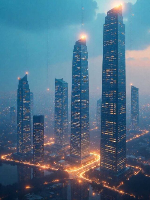 Futuristic skyline showing blockchain-based fractional real estate investments in 2030.