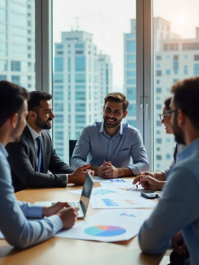 Investors discussing fractional real estate opportunities in a modern office.