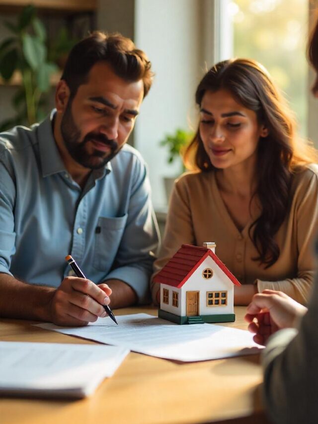 Indian couple discussing home loan process with a bank officer, reviewing property papers and approval documents in a modern office setting.