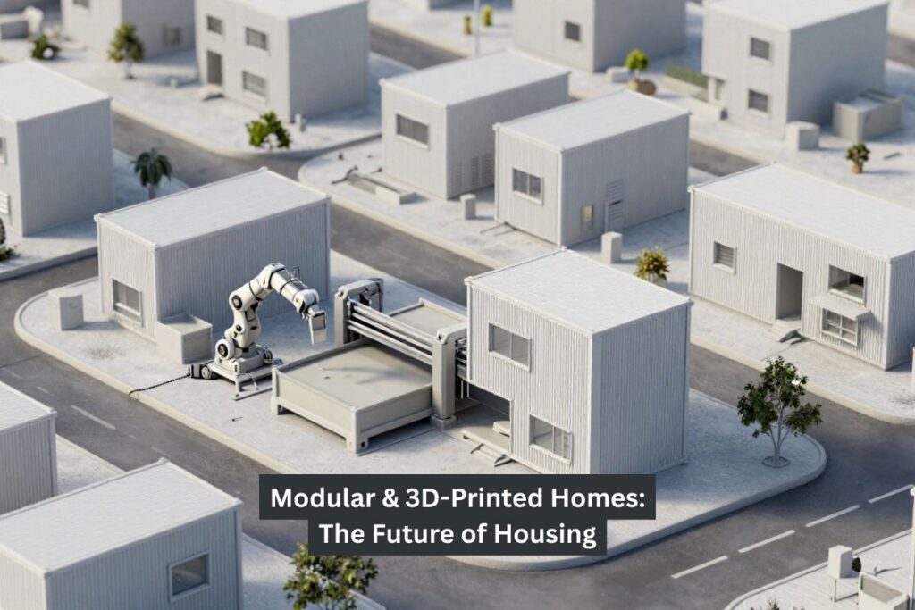 A neighborhood of boxy, modern homes is shown with a robotic arm constructing a house. Text reads "Modular & 3D-Printed Homes: The Future of Housing.