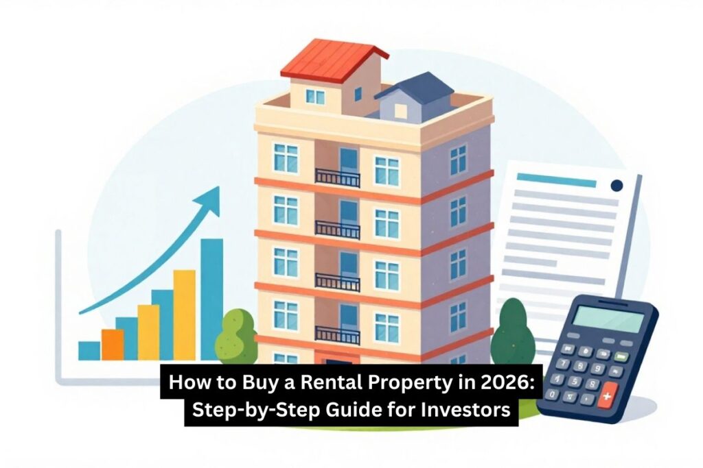 Illustration of a multi-story building, a graph with rising bars, a document, and a calculator, conveying investment and growth in rental property.