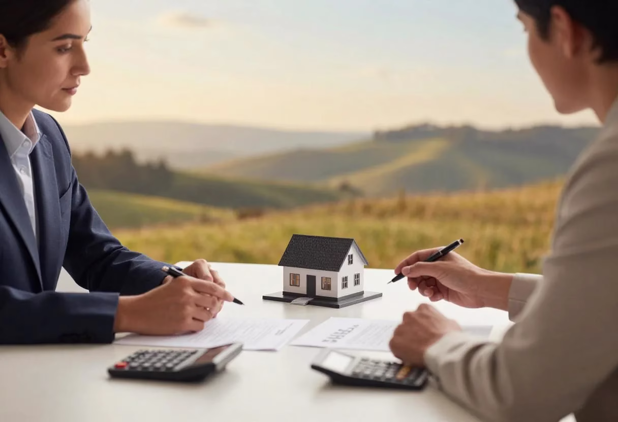 Two people in formal attire discuss paperwork at a table with calculators and a house model, set against a rolling countryside backdrop.