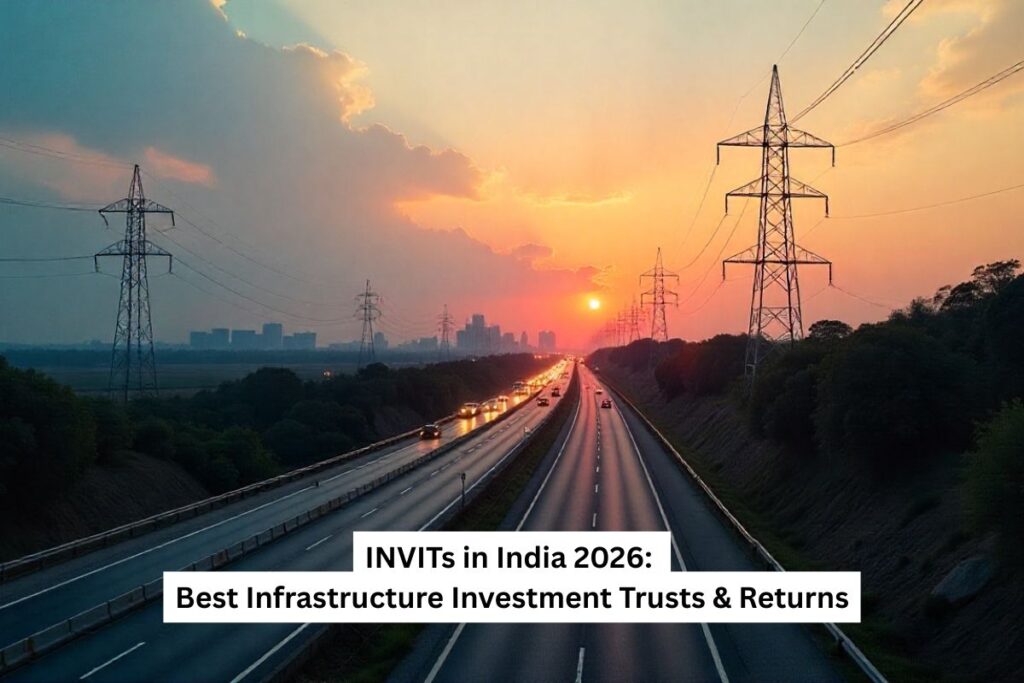 Sunset over a highway with power lines and city skyline. Text reads "INVITs in India 2026: Best Infrastructure Investment Trusts & Returns". Serene and hopeful tone.