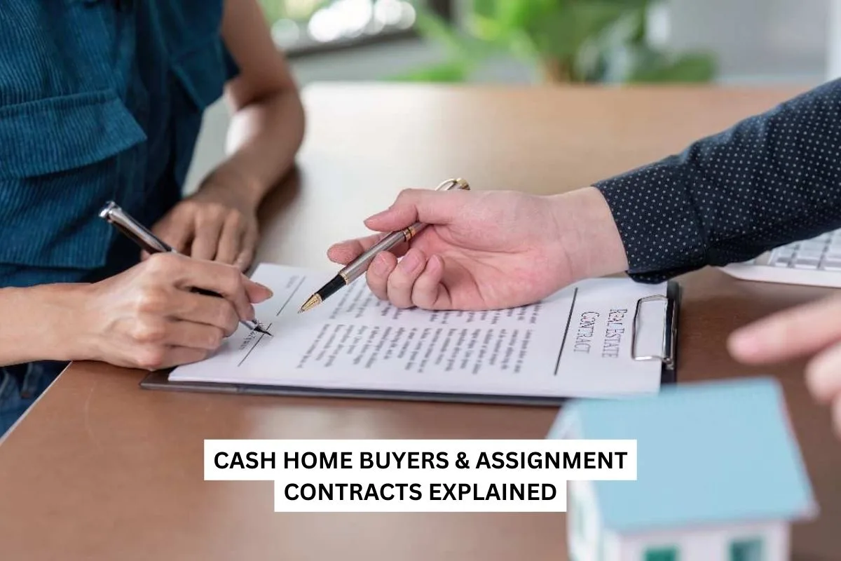 Homeowner reviewing a contract with a cash buyer while an investor waits, highlighting assignment clause in real estate sale.