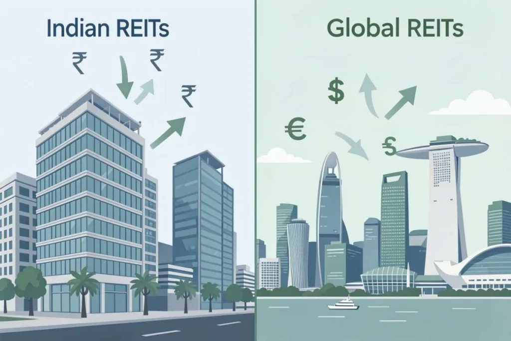 Illustration contrasting Indian and Global REITs. Left: Indian skyscrapers with rupee symbols. Right: Global skyline with dollar, euro, and yen symbols.