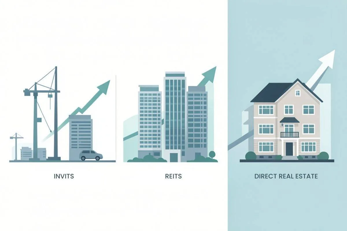 The image compares INVITs with cranes, REITs with skyscrapers, and direct real estate with a house. Upward arrows imply growth and investment.