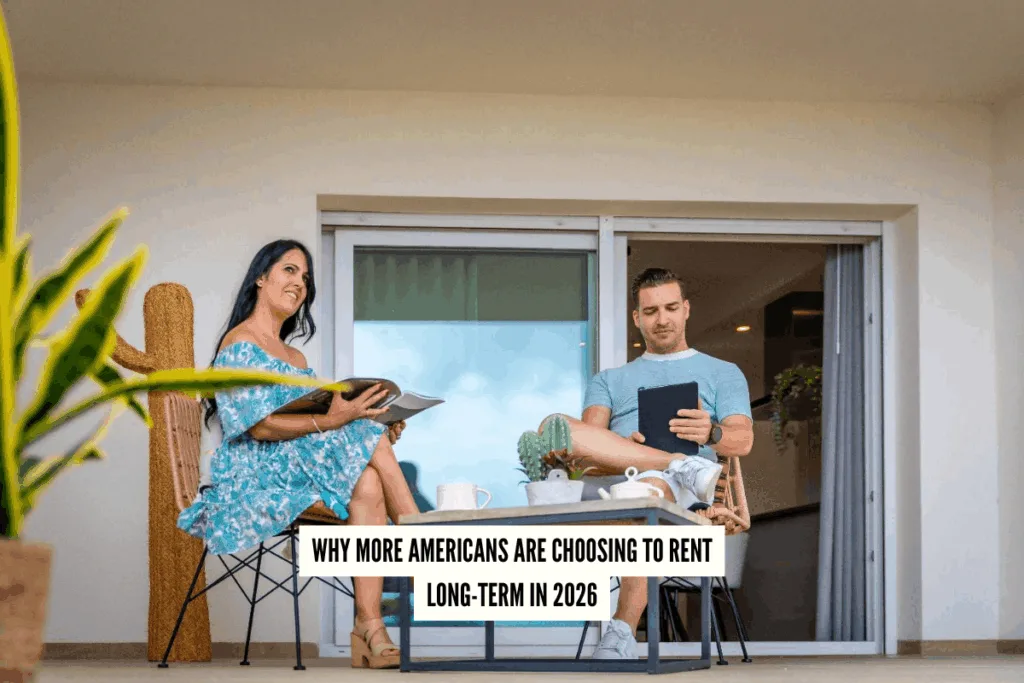 A couple relaxes on a modern balcony; the woman reads a magazine, the man uses a tablet. Text reads, "Why More Americans Are Choosing to Rent Long-Term in 2026."
