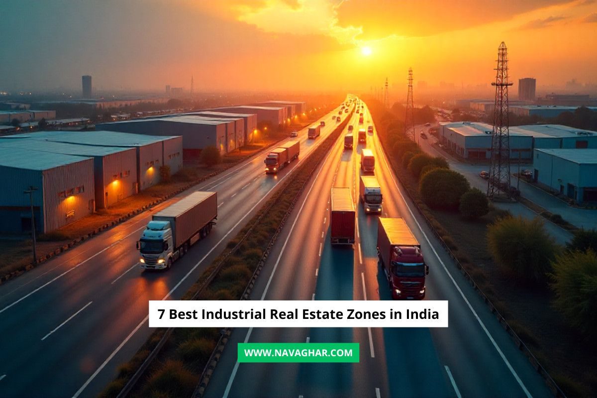 A highway with multiple transport trucks passing between large industrial warehouses at sunset, symbolizing key logistics and industrial real estate zones in India, with the text “7 Best Industrial Real Estate Zones in India” and the website “www.navaghar.com.”