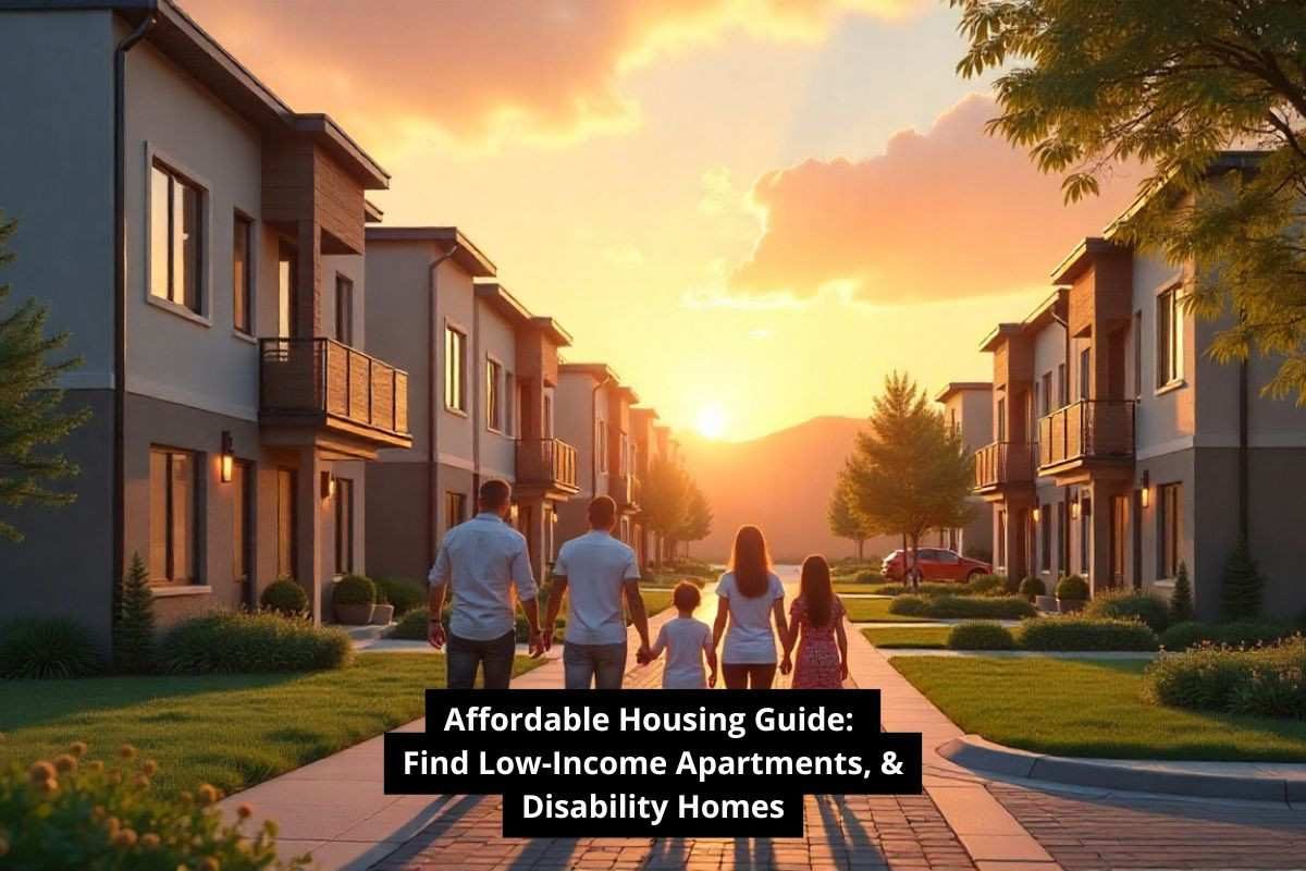 Diverse families in front of modern affordable housing apartments symbolizing stability and community.