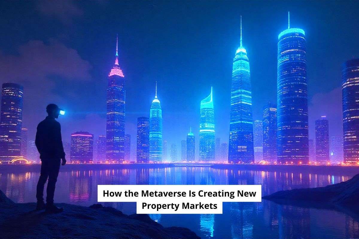 Illustration of a futuristic digital city showing virtual land ownership and real estate trading in the Metaverse.