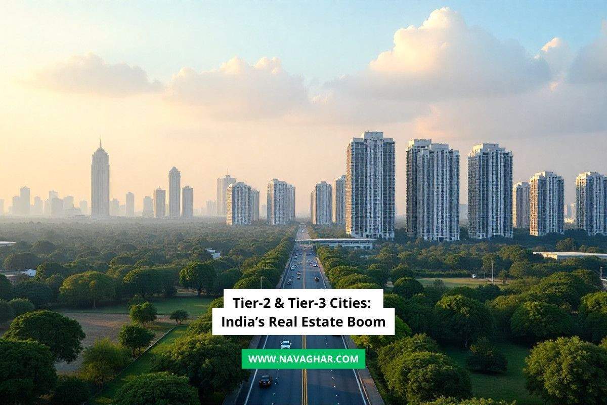 A wide highway runs through lush greenery leading to a skyline of modern high-rise apartment buildings in an Indian city. The sky is partly cloudy with soft sunlight illuminating the buildings. Overlaid text says "Tier-2 & Tier-3 Cities: India's Real Estate Boom" and displays www.navaghar.com.