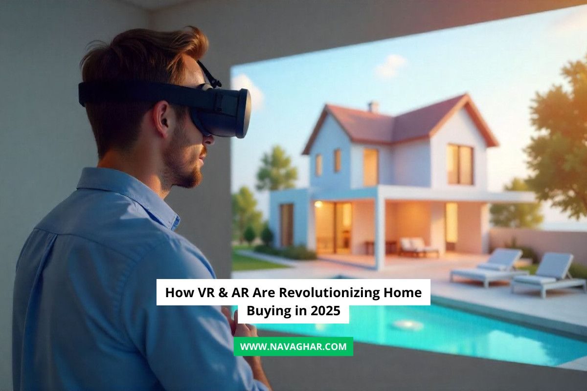 A homebuyer wearing a VR headset while exploring a 3D model of a modern house on screen.