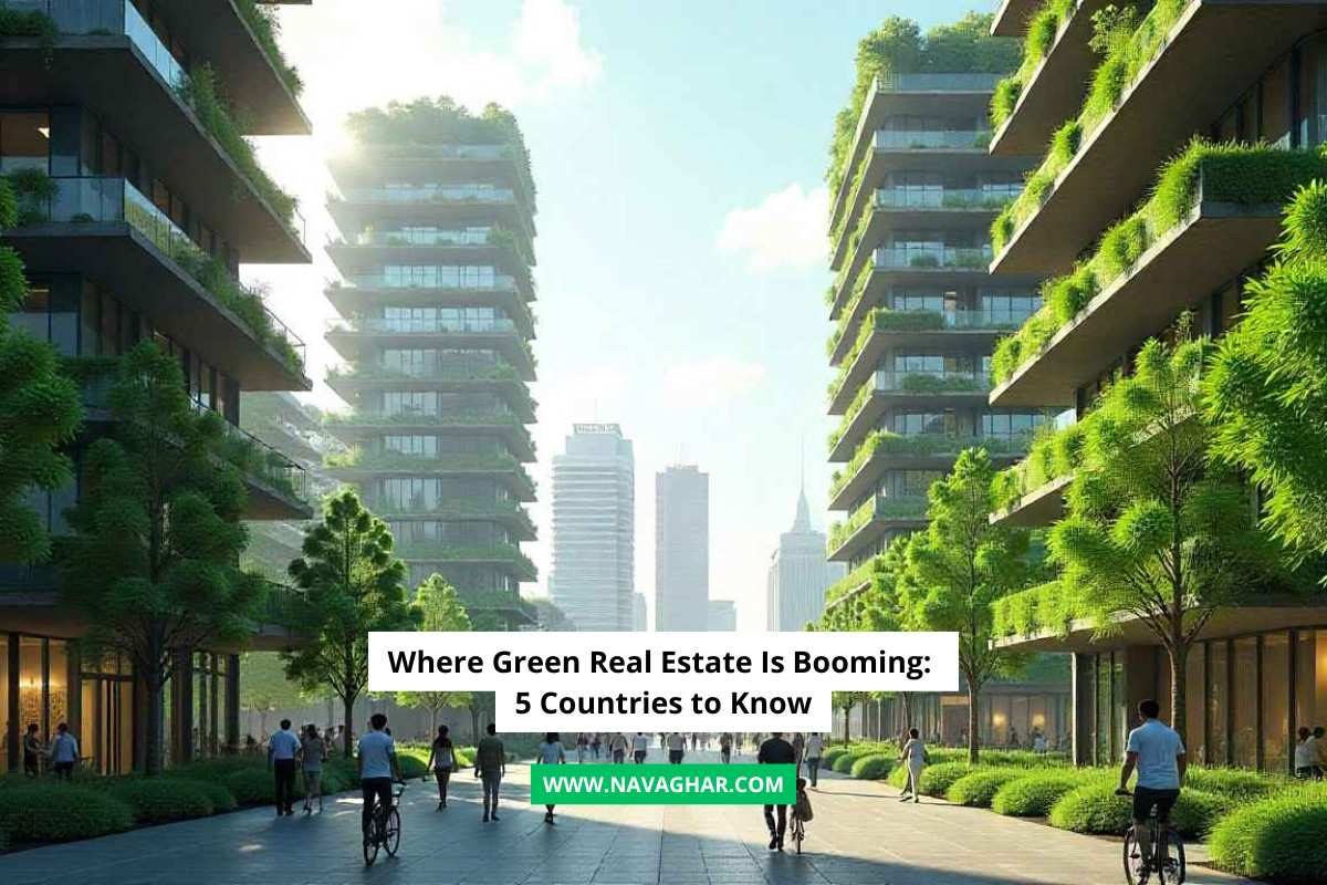 Green real estate cityscape with eco-friendly buildings, solar panels, vertical gardens, and sustainable urban living.