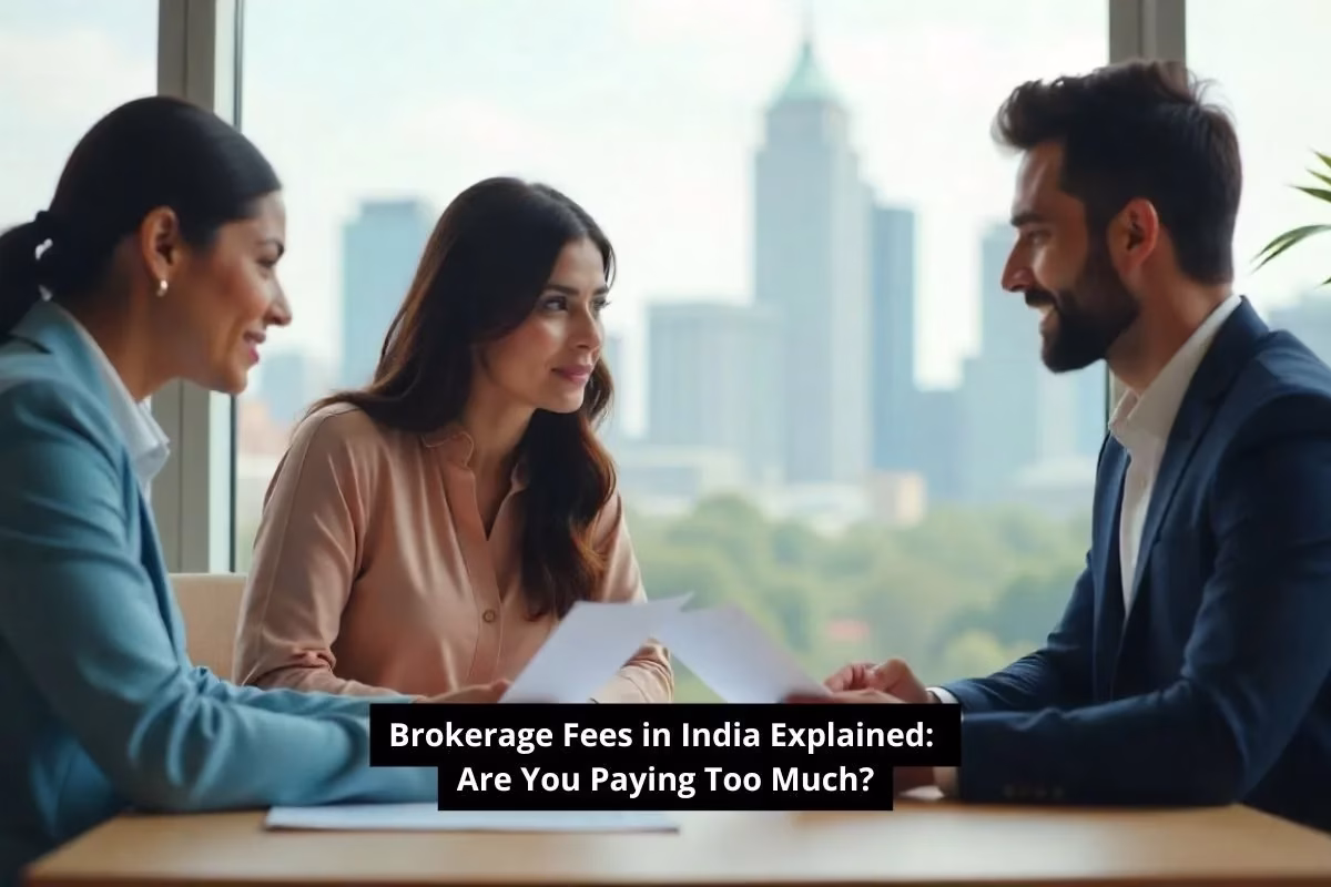 Indian couple with real estate agent discussing brokerage fees during a property deal.