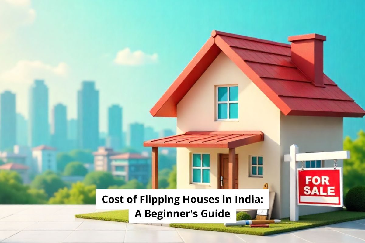 House flipping in India: renovated property with for-sale sign, renovation tools, and profit growth illustration for real estate investment guide.