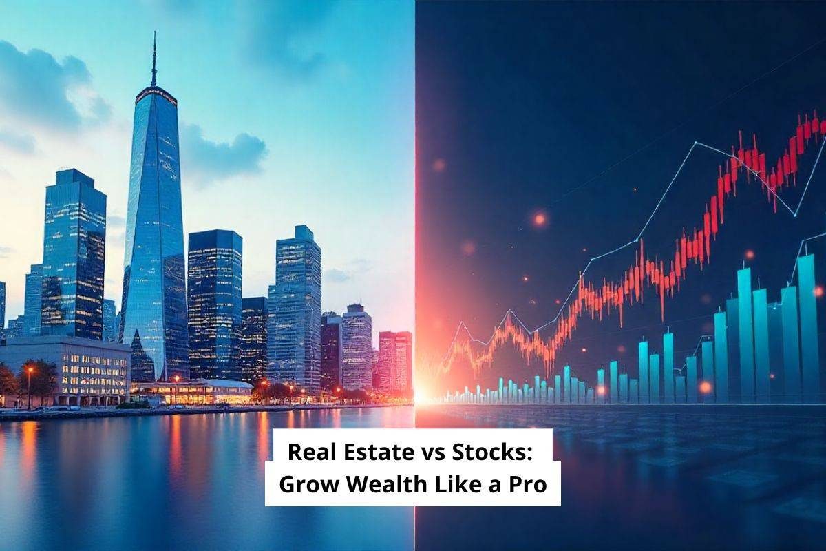 Comparison of real estate and stock market investments, showing city skyline for real estate and stock charts for stocks, symbolizing wealth growth and stability.